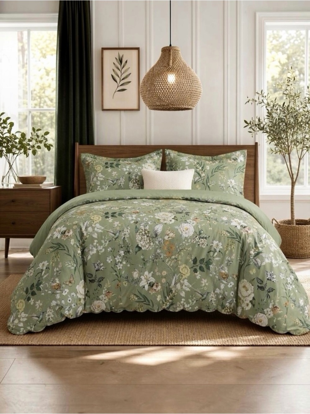 NEW Anthropologie Vintage Green Floral Bird Queen King Duvet Bedding & Sham Set